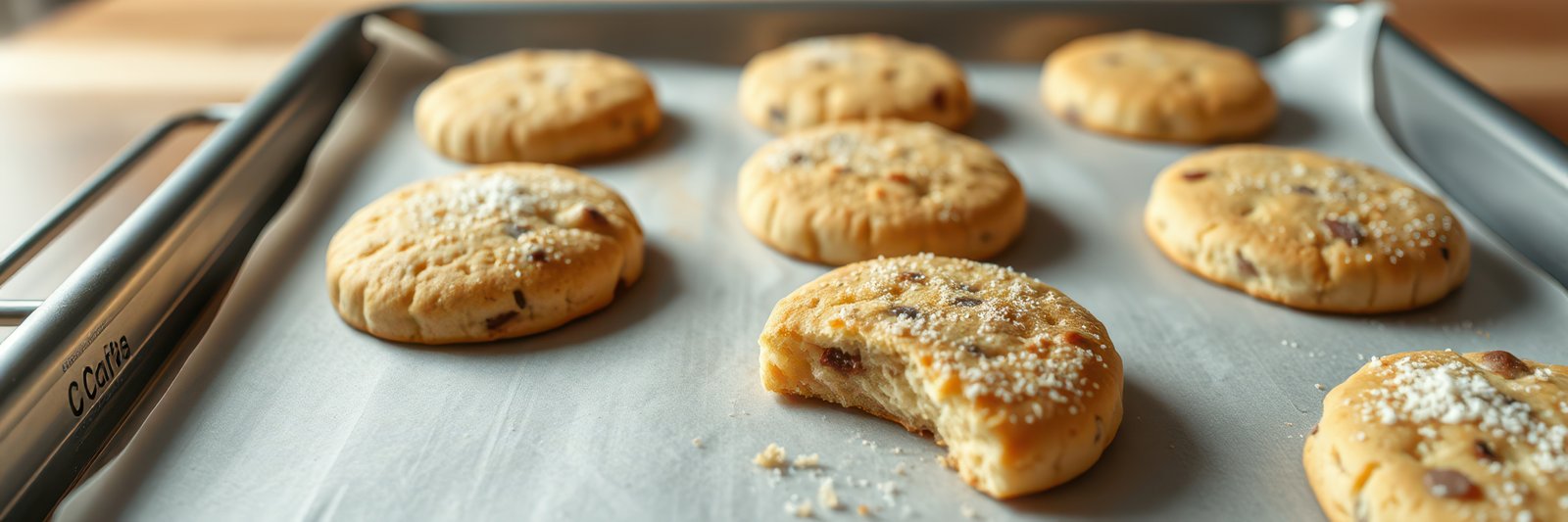 Baking delicious cookies on a tray with a few bites taken out and sugar sprinkles on top